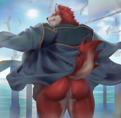 2022 anthro ass big_butt boat bottomless bozi canid casual_exposure clothed clothing cloud day fur hands_on_hips hi_res jacket looking_at_viewer looking_back looking_back_at_viewer male mammal muscular muscular_anthro muscular_butt muscular_male open_clothing open_jacket open_topwear outside rear_view sea sky smile solo standing sun topwear tuft vehicle water watercraft