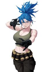 big_breasts blue_eyes blue_hair dhk gloves ikari_warriors king_of_fighters leona_heidern looking_at_viewer midriff snk solo