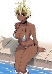 1girls artist_name artist_signature bare_shoulders belly bikini blonde_hair choker collarbone dark-skinned_female dark_skin female female_only looking_at_viewer oc orange_eyes original original_character pool poolside saki_(sambalteracy) sambalteracy short_hair sitting solo solo_female solo_focus stomach thick_thighs thighs tomboy two_tone_hair very_short_hair water white_background white_bikini