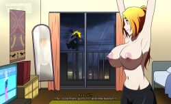 accidental_circumstance accidental_exposure auburn_hair balcony big_breasts bleach curtains doujin excercise flying ichigo_kurosaki inoue_orihime night nipples oldhorrorz orange_hair ponytail spying text topless voyeur watching_tv window yoga_pants