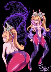 1girls blonde_hair creampieart1 demon demon_girl demon_horns demon_wings leotard small_breasts tira_(oc) twintails