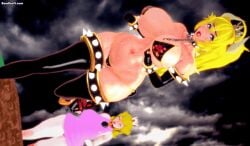 2girls 3d 3d_(artwork) animated animated_gif big_breasts bikini blonde_hair boobs bouncing_breasts bowsette breasts chains chainsaw crown fleeing grass heels horn horns huge_breasts large_breasts mario_(series) mario_tennis new_super_mario_bros._u_deluxe night nintendo princess_peach running shiny_ass shiny_breasts shiny_skin skimpy_bikini smile smiling smiling_at_another spiked_bracelet spiked_collar sweat sweating