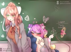 <3 2girls accessory ahoge artist_name ass big_ass big_breasts blackgreengrd blush breasts brown_hair chalkboard classroom closed_eyes doki_doki_literature_club emberlith eyes_closed female female/female female_only green_eyes hair_accessory hair_bow hair_intakes hair_ornament heart heart-shaped_pupils indoors large_breasts light-skinned_female light_skin long_hair monika_(doki_doki_literature_club) multiple_girls open_mouth ponytail purple_hair school school_uniform schoolgirl skirt spanish_text symbol symbol-shaped_pupils tied_hair virtual_youtuber yuri