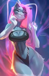 anthro artist_name cat_bra dragon_cat ear_tuft feline feline_humanoid grey_eyes grey_fur hybrid julia_mato long_hair long_hair_female looking_at_viewer mammal mammal_humanoid one_eye_closed panties pawpads petite pink_eyes pink_hair seductive_look seductive_smile skygracer smile smiling tagme white_fur