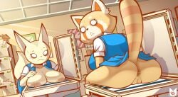 2022 2girls aggressive_retsuko ailurid anthro anus areola ass big_areola big_breasts big_nipples bodily_fluids bottomless breasts canid canine caught duo embarrassed female female_only fennec fenneko fox genitals hi_res inside looking_back mammal nipples office office_lady photocopier photocopying_breasts photocopying_butt photocopying_self pussy red_panda retsuko sanrio shocked signature straight_hair sweat sweatdrop tophatmahoney upskirt