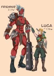 blonde_hair creampieart1 elf elf_male female friemnir light-skinned_male light_skin luca male mini_giantess orc orc_female original_character original_characters red_skin taller_girl white_hair