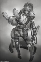 1girls armor breast_armor female female_only helmet huge_breasts hyper hyper_nipples hyper_pussy knight long_nipples monochrome plump_labia pussy pwcsponson solo solo_female sword tagme visor_lift