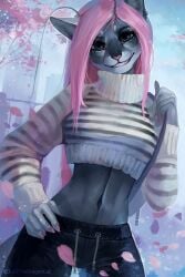 anthro building clothed clothing cropped_sweater ear_tuft feline feline_humanoid female fur furry furry_only grey_body grey_eyes grey_fur hybrid julia_mato juliathedragoncat looking_at_viewer mammal mammal_humanoid petite pink_hair pink_nails pink_nose seductive_look seductive_smile sky smile smiling smiling_at_viewer solo sweat_pants sweater tagme tree white_fur