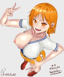 female female_only nami ok_sign one_breast_out one_breast_out_of_clothes one_piece peace_sign smiling_at_viewer solo_female solo_focus theparallel