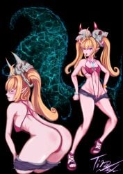 1girls blonde_hair creampieart1 demon_girl demon_horns original_character small_breasts swimsuit tira_(oc) twintails