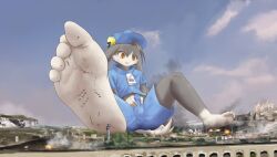 2020 anthro barefoot blue_clothing bottomwear city clothing domestic_cat feet felid feline felis fur hat headgear headwear hi_res klonoa klonoa_(series) looking_down macro male male_focus mammal masturbation_through_clothing open_mouth pac-man_(series) plantigrade shorts solo solutionwcs video_games