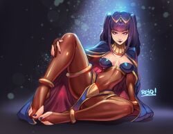 anklet black_hair black_toenails bodysuit breasts cleavage feet female female_only fire_emblem fire_emblem_awakening goth high_resolution highres large_breasts long_hair looking_at_viewer nintendo reiq sitting solo solo_female solo_focus tharja_(fire_emblem) tight_clothing toeless_legwear toenail_polish toes