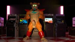 2021 3d_(artwork) abs animatronic anthro arcade_machine balls barazoku big_muscles big_penis bow_tie bracelet clothing darkviperbara digital_media_(artwork) ear_piercing ear_ring erection eyebrows facial_markings five_nights_at_freddy's five_nights_at_freddy's:_security_breach genitals glamrock_freddy_(fnaf) glowing glowing_eyes hat head_markings headgear headwear hi_res humanoid_genitalia humanoid_penis inside jewelry looking_at_viewer machine male male_focus male_only male_solo mammal markings muscular muscular_anthro muscular_male nipples nude open_mouth open_smile pecs penis piercing quads robot scottgames shoulder_pads signature smile solo solo_male spiked_bracelet spikes standing teeth top_hat ursid video_games