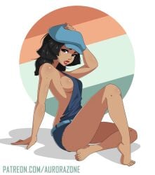 1girls atlantis:_the_lost_empire audrey_ramirez aurora-zone black_hair brown_eyes dark-skinned_female disney engineer female hand_on_head human latina legs looking_at_viewer petite red_lipstick sideboob sitting solo tomboy