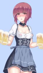 alcohol apron beer beer_mug blue_apron blush breasts brown_eyes cleavage covered_nipples cross cup dirndl dress female german_clothes heart heart-shaped_pupils highres holding holding_cup iron_cross kantai_collection looking_at_viewer mizuumi_(bb) mug nipples oktoberfest open_mouth perky_breasts puffy_nipples pussy_juice see-through short_hair small_breasts solo symbol-shaped_pupils underbust waist_apron z3_max_schultz_(kantai_collection)