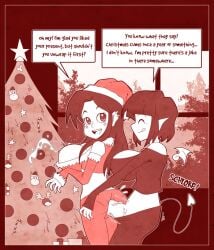 1futa 1girls anal anal_through_clothes big_breasts big_penis breasts cameltoe carlos_webcomic christmas christmas_outfit christmas_tree closed_eyes clothed clothing demon_girl dialogue duo female futa_on_female futadom futanari huge_breasts human humanoid humanoid_penis lactation looking_back lowroad lula_(carlos_g) milk_squirt monochrome mostly_clothed my_pet_human natasha_ramirez penis pointy_ears red_theme sex sex_through_clothes spade_tail speech_bubble standing succubus text through_clothes