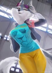 anthro artist_name big_breasts black_nails black_pupils blue_shirt breasts canid canine canine_humanoid canis clothed clothing eyebrows eyelashes female female_only fur furry furry_female furry_only glasses glasses_on_head grey_fur illumination_entertainment jacket juliathedragoncat looking_at_viewer mammal mammal_humanoid porsha_crystal sing_(movie) sing_2_(movie) smiling smiling_at_viewer solo solo_female tagme tail teeth teeth_clenched teeth_showing white_fur white_sclera wolf wolf_humanoid yellow_eyes yellow_iris yellow_pants