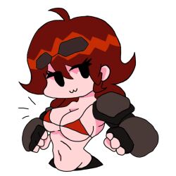 :3 agent_gf_(friday_night_funkin) armor armored_gloves auburn_hair bikini breasts enjoying fingerless_gloves fists fists_clenched fnf_mods friday_night_funkin girlfriend_(friday_night_funkin) glasses_on_head happy long_hair looking_at_viewer owo red_bikini_top sunglasses