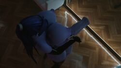 3d belt blizzard_entertainment blue_hair blue_skin breast_press bursting_breasts elbow_gloves futanari horsecock huge_breasts huge_cock huge_nipples huge_penis huge_testicles long_hair mirror overwatch puffy_nipples thick_penis thick_thighs thighhighs veiny_penis veiny_testicles widowmaker zccblp