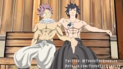 2boys abs animated bench black_hair chest_tattoo cum cumshot ejaculation erection eyes_closed fairy_tail gay gray_fullbuster handjob holding_penis looking_at_another looking_at_partner looking_at_penis looking_pleasured male male_only masturbating_other mp4 muscular_male natsu_dragneel necklace no_sound orgasm_face orgasm_from_handjob partially_clothed pecs penis_out pink_hair scarf shoulder_tattoo stroking_cock tagme tarrotherambler tattoo topless video yaoi