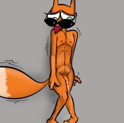 absurd_res anthro bladder_bulge bodily_fluids canid canine cartoon_network courage_the_cowardly_dog desperation fox genital_fluids hi_res illegaleel male mammal nipples nude omorashi peeing shaking solo the_cajun_fox urine wetting