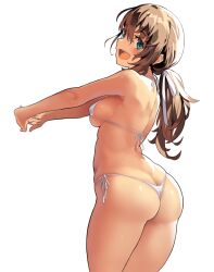 amamiya_natsumi ass ass_cleavage back bangs bare_shoulders bikini blue_eyes blush breasts brown_hair butt_crack female highleg highleg_bikini highres kekemotsu long_hair looking_at_viewer medium_breasts open_mouth original ponytail side-tie_bikini smile solo string_bikini swimsuit thighs thong thong_bikini white_bikini