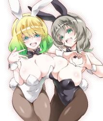 2girls big_breasts binbougami_ga! breast_press bunnysuit cleavage crossover female female_only good_luck_girl! heart_hands ichiko_sakura looking_at_viewer multiple_girls otomi_mayura sakura_ichiko short_hair sousei_no_onmyouji twin_star_exorcists white_background