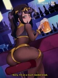 1girls alternate_costume ass beer big_butt bluethebone breasts clothed clothed_female clothes clothing cosplay crossover english_text female female_only fire_emblem fire_emblem_awakening julianne_stingray long_hair looking_at_viewer looking_back nintendo red_eyes retro_artstyle sitting smoke smoking solo tharja_(fire_emblem)_(cosplay) tight_clothing va-11_hall-a