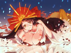 big_breasts body_markings breast_squish brown_hair cleavage facial_markings fate/grand_order fate_(series) female female_only headdress headgear headwear himiko_(fate) huge_breasts japanese_clothes long_hair mi_ne_ral necklace no_bra on_stomach solo yellow_eyes