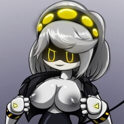 1girls 2d breasts disassembly_drone female female_only glitch_productions grey_hair humanoid k murder_drone murder_drones nipples robot robot_girl robot_humanoid screen_face showing_breasts solo v_(murder_drones) yellow_eyes