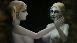 2girls 3d akikosdream breasts eyewear female glasses jeanette_voerman malkavian naked pale-skinned_female pale_skin therese_voerman vampire vampire_the_masquerade vampire_the_masquerade_bloodlines world_of_darkness