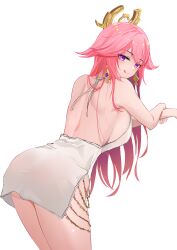 :q absurdres ass back_cutout baige0 bare_back breasts butt chains clothing_cutout dat_ass dress earrings female genshin_impact hair_ornament halo highres jewelry leaning_forward licking licking_lips looking_at_viewer mihoyo petite pink_hair purple_eyes sideboob solo thighs tongue tongue_out yae_miko