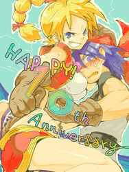 1boy 1girls bandana blonde_hair blue_eyes blue_hair blush breasts chainmail chrono_(series) chrono_cross english_text female gloves jacket jewelry kid_(chrono_cross) long_hair male necklace ponytail purple_eyes serge_(chrono_cross) short_hair shorts sideboob skirt straight tank_top text tied_hair