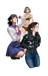 belly black_hair bomber_jacket bra jacket japanese_clothes jeans school_uniform schoolgirl short_hair skirt tail tbocart tight_clothing underwear