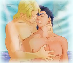 2boys arm arms arms_at_sides bare_arms bare_shoulders black_hair blonde_hair closed_eyes collarbone company_connection crossover disney from_behind gay hug hug_from_behind human human_only imminent_kiss john_smith lips male male_only multiple_boys multiple_males muscle neck neck_grab nippy13 nude parted_lips pocahontas prince_eric short_hair straight_hair teeth the_little_mermaid upper_body yaoi zoom_layer