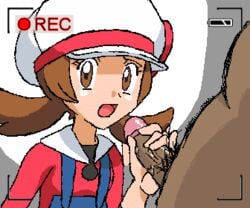 animated bloggerman brown_eyes brown_hair clothing dark-skinned_male female gif handjob human human_only long_hair lyra_(pokemon) male nintendo open_mouth penis pinky_out pixel pixel_animation pixel_art pokemon pokemon_hgss raised_pinky_handjob recording transparent_background