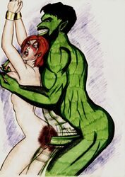 1boy 1girls anal anal_sex areola arms_above_head beard big_breasts black_hair blush bondage bottomless breasts bruise bruised_ass caitlin_fairchild chains dark_hair darkkrone dc_comics earrings female from_behind gen¹³ green_skin large_breasts male nipple_slip nipples nude open_mouth pain pointy_ears rape red_hair rough_sex round_ears sex short_hair smile straight teeth tongue