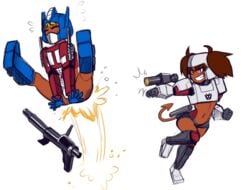 2girls armor blonde_hair brown_hair dark_skin female female_only grin gun helmet mask megatron modeseven optimus_prime parody partially_clothed rule_63 simple_background smile spade_tail transformers white_background