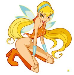 1girls accurate_art_style amber_eyes artist_request blonde_hair boots bottomless breasts charmix eyeshadow fairy fairy_wings gauntlets hands_on_knees high_heel_boots high_heels lipstick long_hair looking_at_viewer makeup mascara png pussy rainbow_(animation_studio) smile smiling solo stella_(winx_club) tagme thin_waist twintails wasp_waist wings winx_club