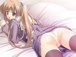 ass blush brown_eyes brown_hair censored goma_satoshi hair_ornament long_hair looking_at_viewer looking_back lying oshiete_miko_sensei oshiete_miko_sensei_(series) panties panties_aside pantyshot pussy school_uniform serafuku skirt_lift source_request thighhighs yajima_kasumi zettai_ryouiki