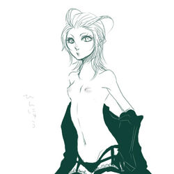 black_coat blonde_hair blue_eyes coat color_request disney female flat_chest human kingdom_hearts larxene monochrome nipples outerwear pale_skin square_enix tagme