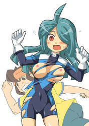 1boy 1girls ahoge areolae assisted_exposure blue_hair blush breasts brown_eyes brown_hair cameltoe curvy embarrassed embarrassed_nude_female endou_mamoru enf erect_nipples exposed exposed_nipples female genderbend genderswap genderswap_(mtf) gloves hair_over_one_eyes ichirouta_kazemaru inazuma_eleven inazuma_eleven_(series) large_breasts long_hair lost_clothes male male_with_female mark_evans_(inazuma_eleven) nathan_swift nipples open_mouth red_eyes rule_63 running simple_background smile surprised sweat torn_clothes uniform w_arms wardrobe_malfunction