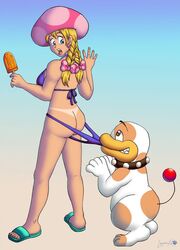 1boy 1girls ass back back_view backboob bikini blonde_hair blue_eyes braided_hair brown_hair butt dog earrings female hair_bow human lady_machoke looking_at_another looking_back male mario_(series) naughty_animal nintendo open_mouth pigtails poochy popsicle sandals straight_hair super_mario_bros. tanline thighs toadette tongue upper_teeth yoshi's_island