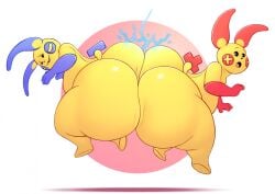 2boys anthro ass ass-to-ass ass_squish ass_to_ass butt_bump butt_squish butt_to_butt chubby chubby_male electricity femboy_on_femboy furry hips large_ass lightning male male_focus male_only minun minus minus_sign nintendo plus_sign plusle pokemon pokemon_(species) simple_background static superchub thick_thighs thighs vetoknox wide_hips