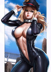 1girls big_breasts blonde_hair bodysuit breasts brown_eyes cameltoe camie_utsushimi cleavage dandon_fuga female female_only hat hero_outfit_(mha) human large_breasts latex latex_suit light-skinned_female light_skin long_hair looking_at_viewer my_hero_academia navel open_clothes peaked_cap pinup shiketsu_high_school_cap solo underboob unzipped unzipped_bodysuit wrist_cuffs