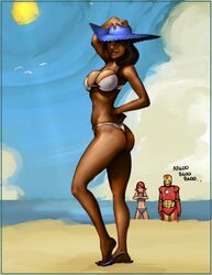 2girls beach black_hair dark-skinned_female dark_skin human iron_man iron_man_armored_adventures marvel milf pepper_potts roberta_rhodes straight_hair swimsuit tony_stark