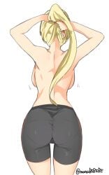 adjusting_hair artist_name ass backboob bike_shorts black_legwear blonde_hair breasts cowboy_shot facing_away female from_behind hair_ribbon highres large_breasts long_hair manabebebe pantylines ponytail ribbon simple_background solo tokyo_7th_sisters topless twitter_username tying_hair uesugi_u_kyouko white_background