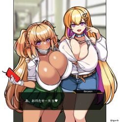 2girls asymmetrical_docking bangs belt blonde_hair blurry blurry_background blush boryeon_(last_origin) breast_press breasts cellphone character_name chocolate_and_vanilla cleavage closed_mouth clothes_around_waist collarbone colored_inner_hair dark-skinned_female dark_elf dark_elven_forest_ranger dark_skin denim denim_shorts dialogue_box earrings elf eyebrows_visible_through_hair gloves green_skirt gyaru hair_ornament hand_on_another's_shoulder highres huge_breasts igonik jacket jacket_around_waist japanese_text jewelry kogal last_origin light-skinned_female light_skin long_hair looking_at_viewer mole mole_on_breast multicolored_hair multiple_girls necklace oerba_yun_fang phone pleated_skirt poin pointy_ears purple_eyes purple_hair school_hall shorts skin_fang skirt smartphone smile text translated twitter_username v_sign white_gloves