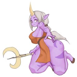 ass ass big_breasts big_thighs breasts closed_mouth curvy dress female female_only hooves horn kneeling large_breasts league_of_legends long_hair pointy_ears ponytail purple_skin shimuto5 sideboob solo soraka staff tattoo thick_thighs weapon white_background white_hair wide_hips yellow_eyes