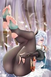 ass black_legwear blue_hair clothing_cutout feet genshin_impact hair_over_one_eye kamue legs legs_up long_hair shenhe_(genshin_impact) stirrup_legwear toeless_legwear toes